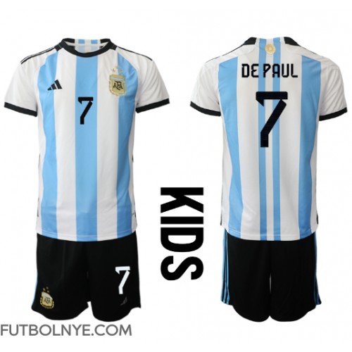 Camiseta Argentina Rodrigo de Paul #7 Primera Equipación para niños Mundial 2022 manga corta (+ pantalones cortos)